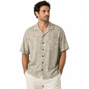 Bermuda Bay Mens Medium Tan 100% Silk Tropical Hawaii Scenic Camp Shirt Resort